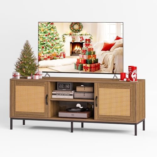 Rattan TV Stand for 65 inch TV, Boho Entertainment Center with Storage & Metal Legs, Media Console Table for Living Room, Wood TV Cabinet with 2 Cord Holes,Wood$$Furniture