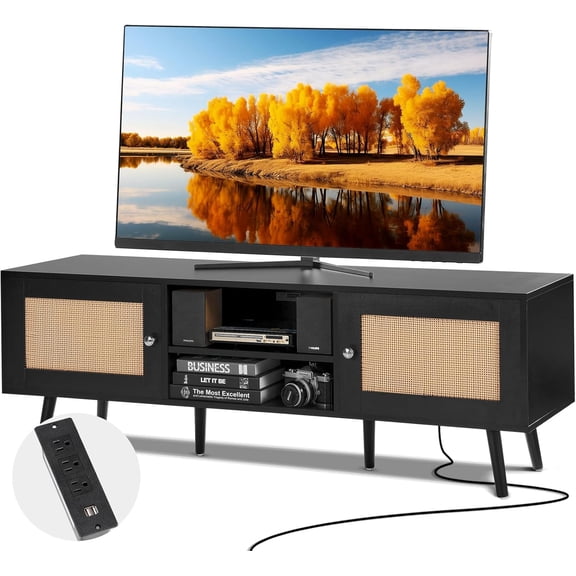 Rattan TV Stand for 65 inch TV, Boho TV Stand with Rattan Door, Entertainment Center with Build-in Socket and USB Ports, Modern TV Console for Living Room, Media Room, Black