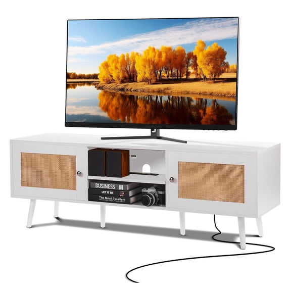 Rattan TV Stand for 65 inch TV, Boho TV Stand with Rattan Door, Entertainment Center with Build-in Socket and USB Ports, Modern TV Console for Living Room, Media Room, White