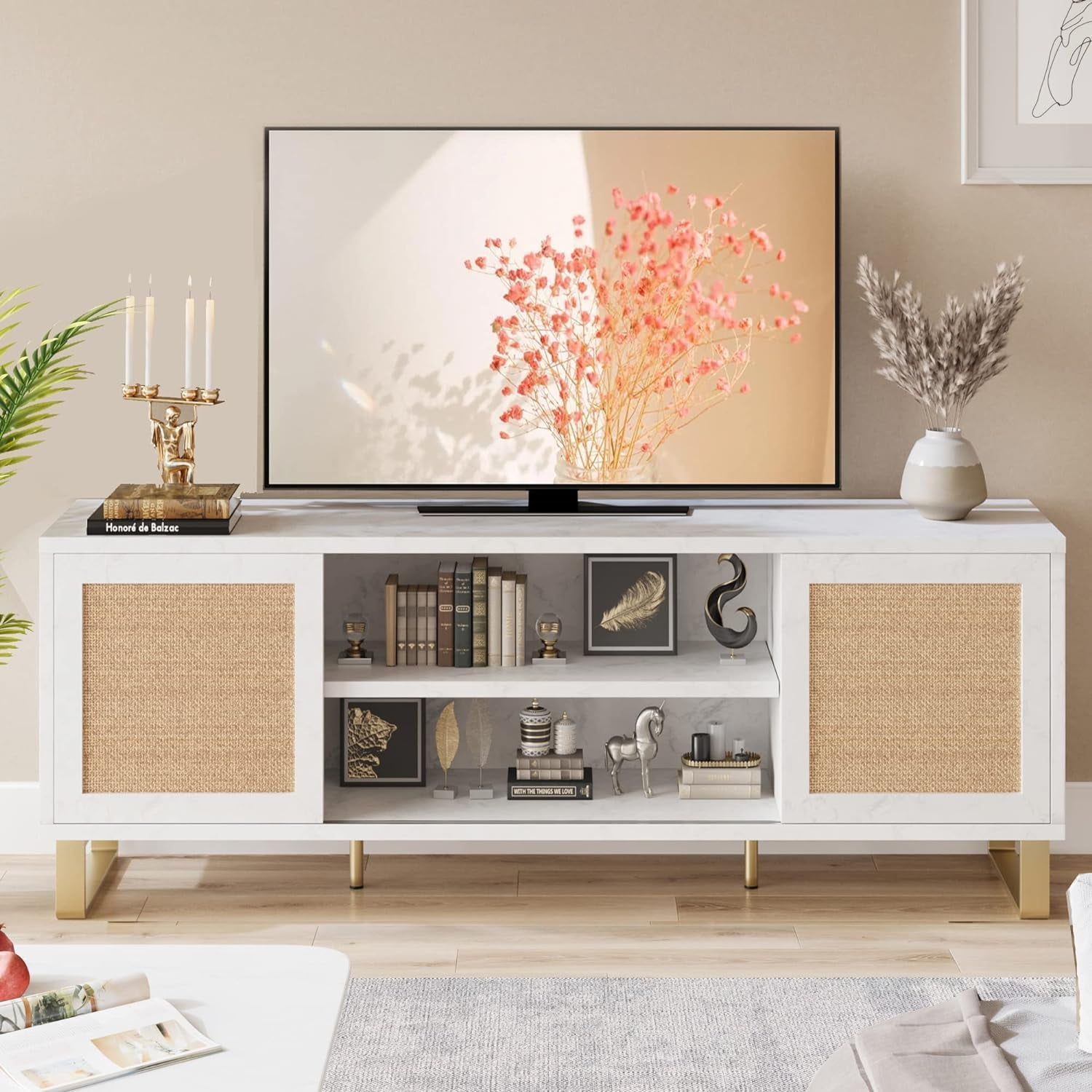 Rattan TV Stand for 65 inch TV, White Entertainment Center Modern TV