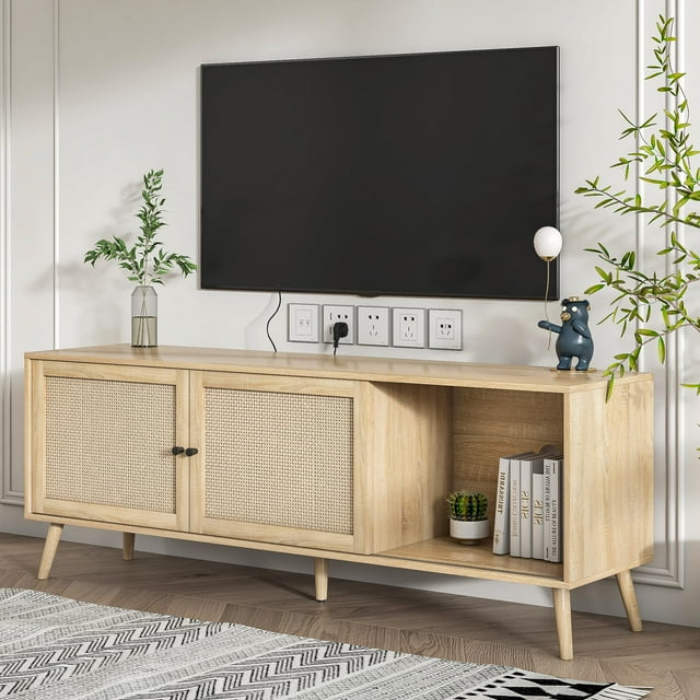 Rattan TV Stand for 75 Inch TV Boho TV Console Media with Sliding Doors Farmhouse