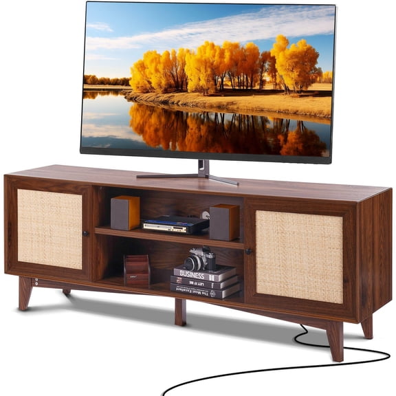 Rattan TV Stand for 75 Inch TVs, Boho Modern Entertainment Center with Built-In Socket & USB Ports, Adjustable Shelves, Hidden Storage Cabinets, Walnut Finish for Living Room & Media Room