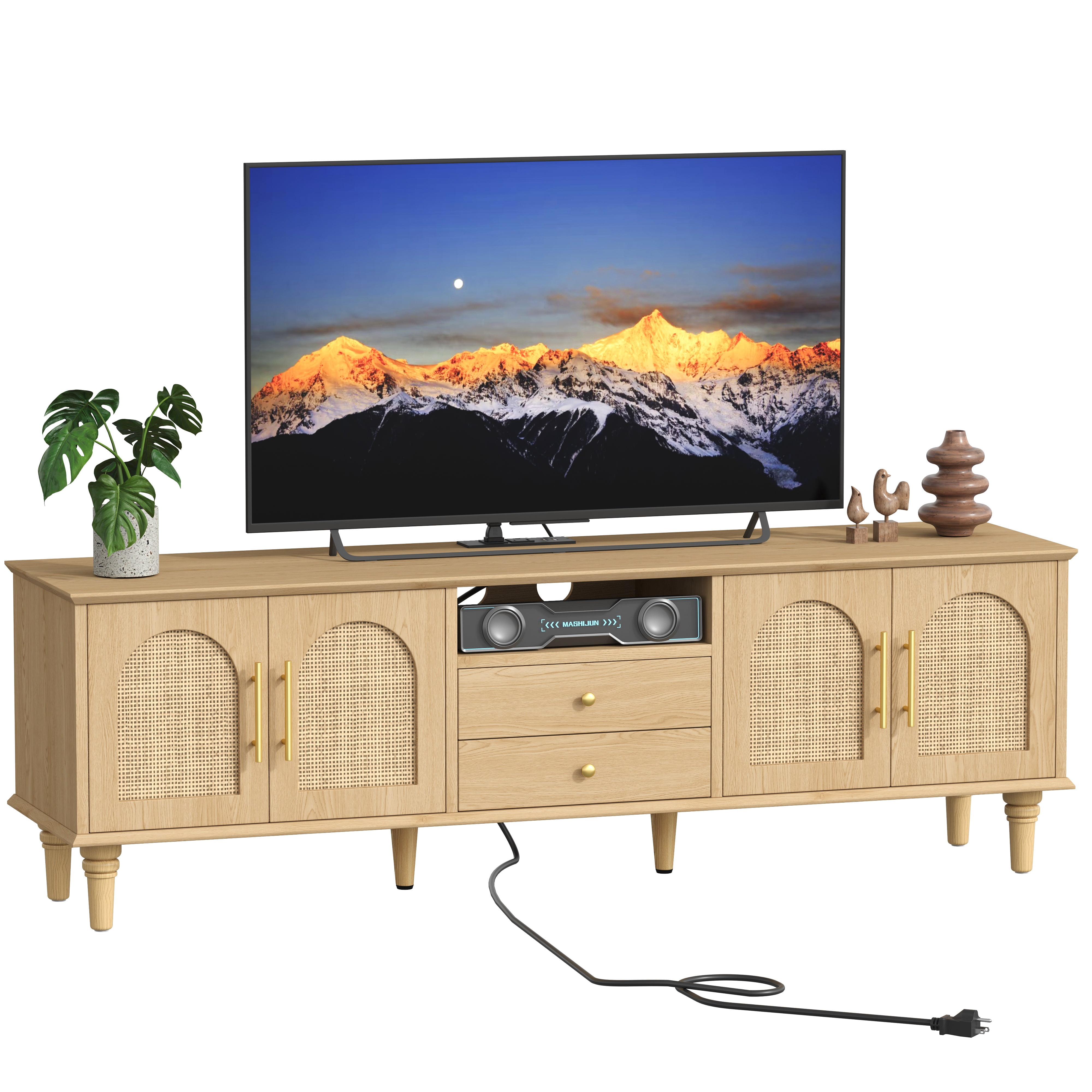 Rattan TV Stand for 75 inch TV, 63"W Entertainment Center with Power Outlet & Storage Cabinet, 2 Drawers & Doors, Adjustable Shelf, Modern Media TV Console Table for Living Room, Bedroom, Natural Oak