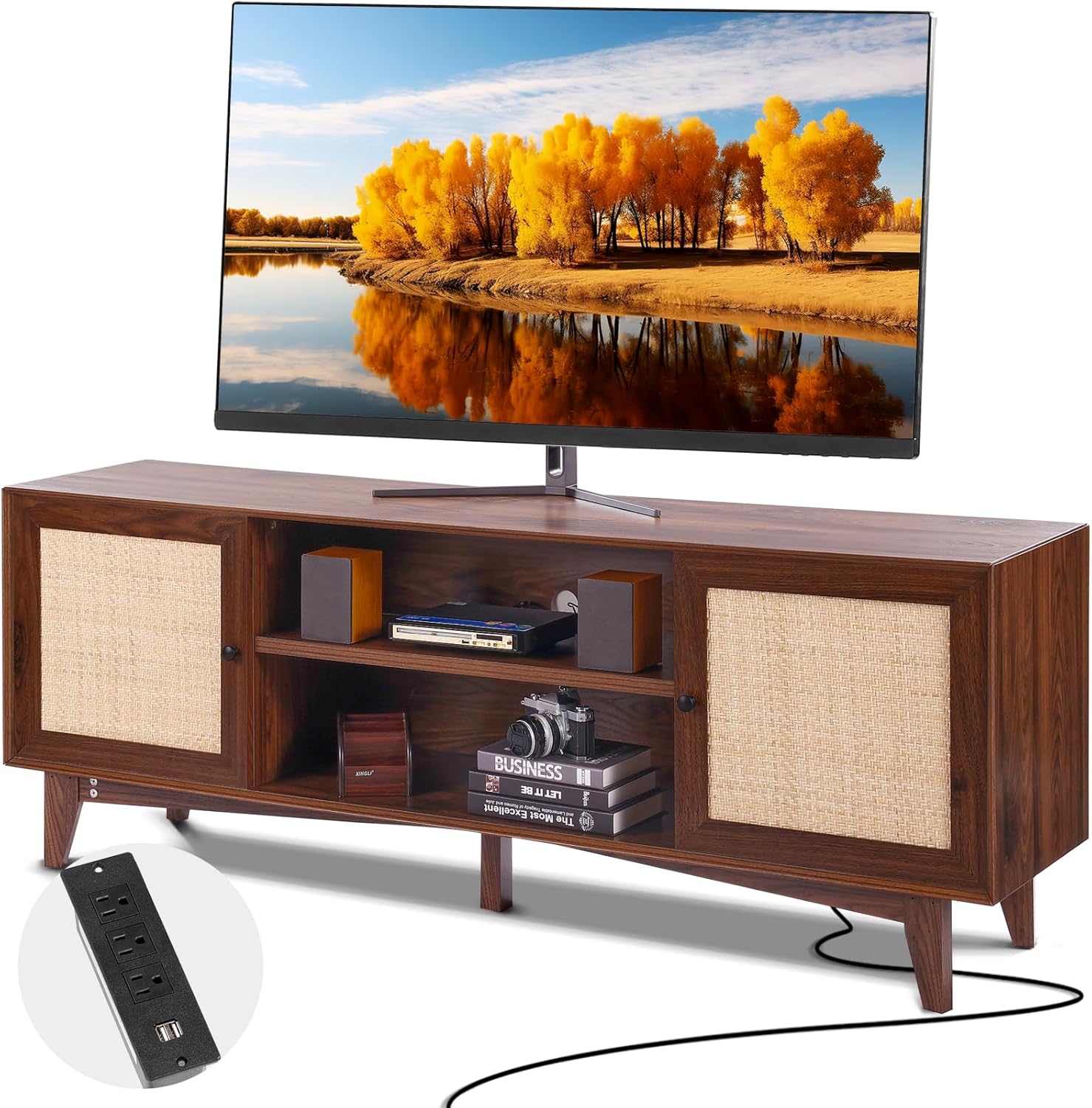 Rattan TV Stand for 75in TV, Boho TV Stand with Rattan Door ...