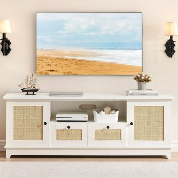 Rattan TV Stand, Boho Entertainment Center for 65 Inch TV, TV Console with 2 Cabinets & Adjustable Shelf, Modern TV Stand with Storage, Media Console Cabinet for Living, Bedroom,White Rattan