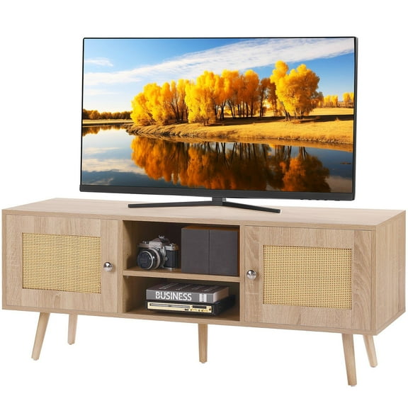 Rattan TV Stand, Boho TV Cabinet for 55 inch TV, Century Modern TV Stand, Rattan TV Console with Adjustable Shelfs for Living Room, Media Room, Oak