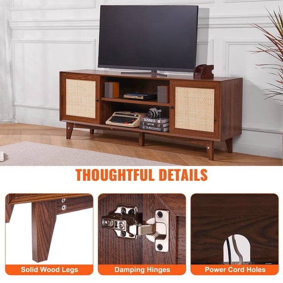 Rattan TV Stand Entertainment Center for 75-Inch TVs, Boho Modern Media Console with 2 Storage Shelves, Built-in Electrical Outlet & Rattan Doors, Walnut Finish for Living Room