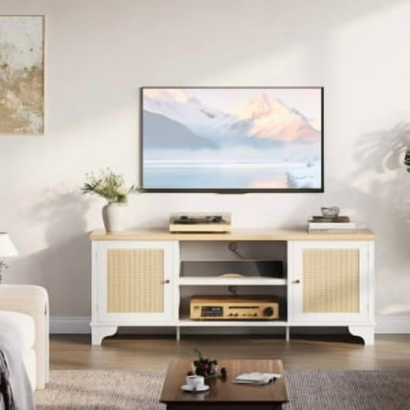 Rattan TV Stand Fits TVs Up to 70 Inches, Boho Entertainment Center with Cabinets and Open Shelves, Wooden Media Console Table for Living Room