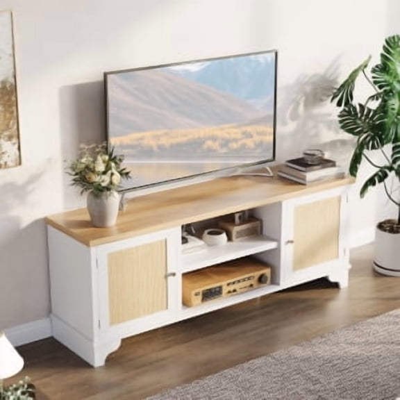 Rattan TV Stand Fits TVs Up to 70 Inches, Farmhouse Entertainment Center with Cabinets and Open Shelves, Wooden Media Console Table for Living Room