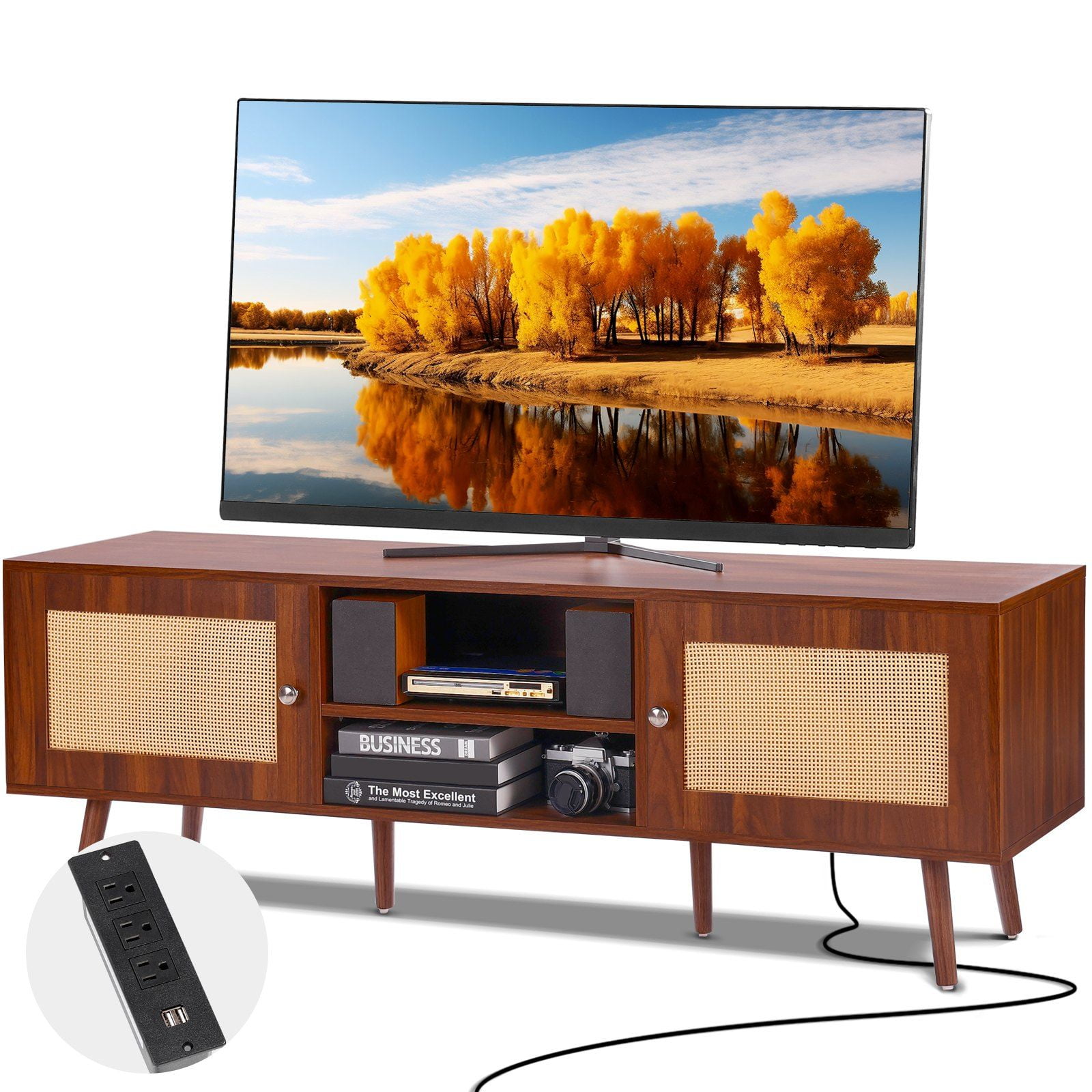 Mid-Century Modern Brown Wood Rattan TV Stand with Cabinet