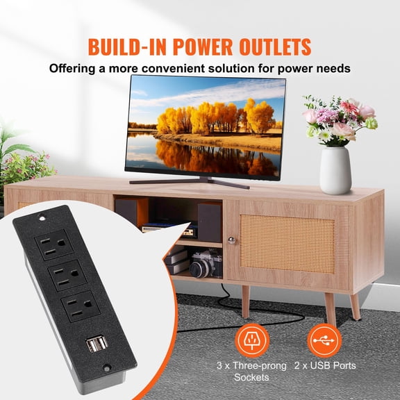 Rattan TV Stand, Mid Century Modern TV Stand for 65 inch TV, Boho Rattan TV Cabinet with Build-in Socket and USB Ports, Adjustable Shelfs for Living R
