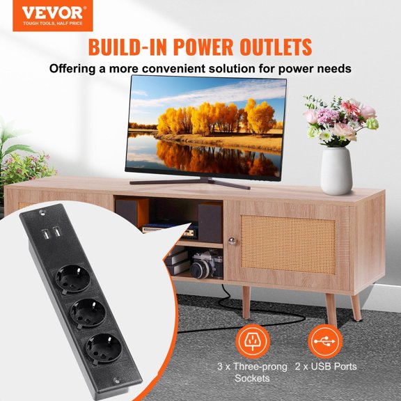 Rattan TV Stand, Mid Century Modern TV Stand for 65 inch TV, Boho Rattan TV Cabinet with Build-in Socket and USB Ports, Adjustable Shelfs for Living R