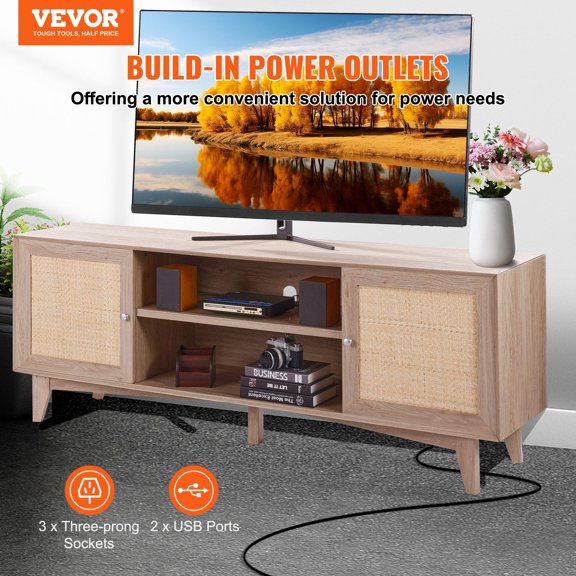 Rattan TV Stand, Mid Century Modern TV Stand for 75 inch TV, Boho Rattan TV Cabinet with Build-in Socket and USB Ports, Adjustable Shelfs for Living R