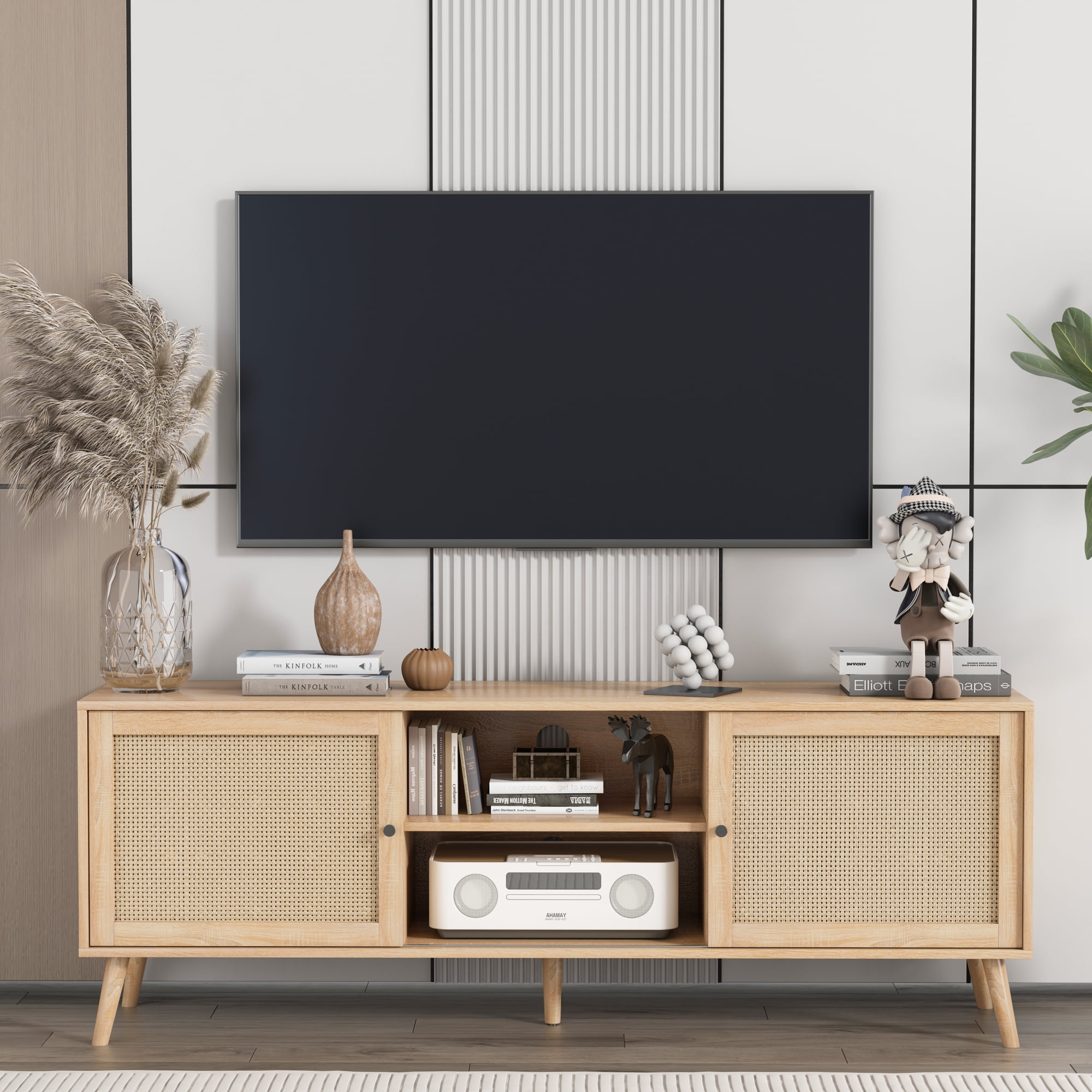 Rattan TV Stand with Storage Boho TV Stand for 70 Inch TV Entertainment ...