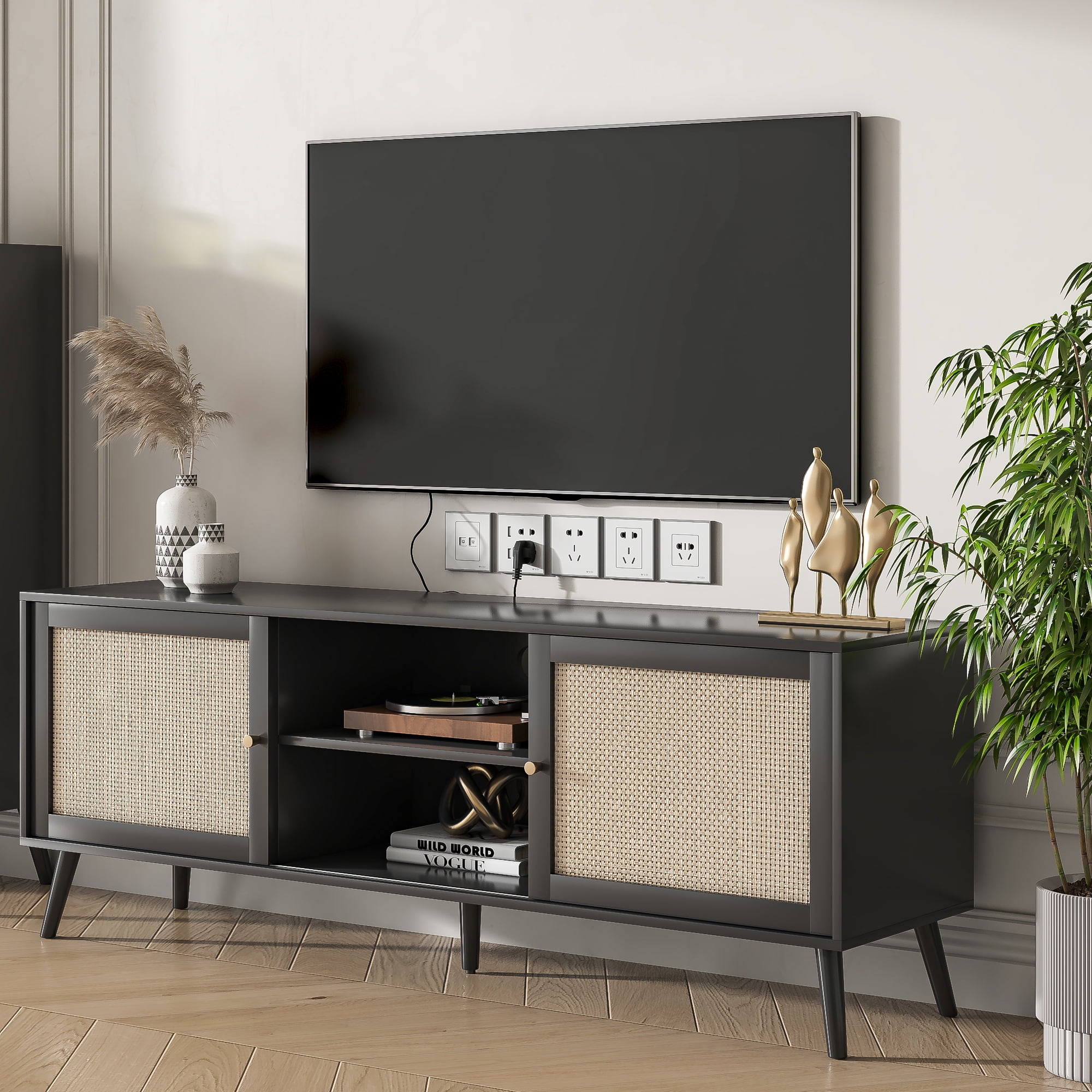 Rattan TV Stand with Storage Boho TV Stand for 70 Inch TV Entertainment ...