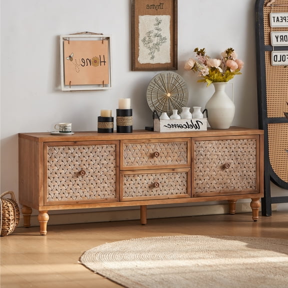 Rattan TV Stand for TVs up to 60 inch, Farmhouse Entertainment Center with 2 Drawers and 2 Doors, 2 Adjustable Foot, Media Console Table with 4 Cord Holes for Living Room, Bedroom, Brown