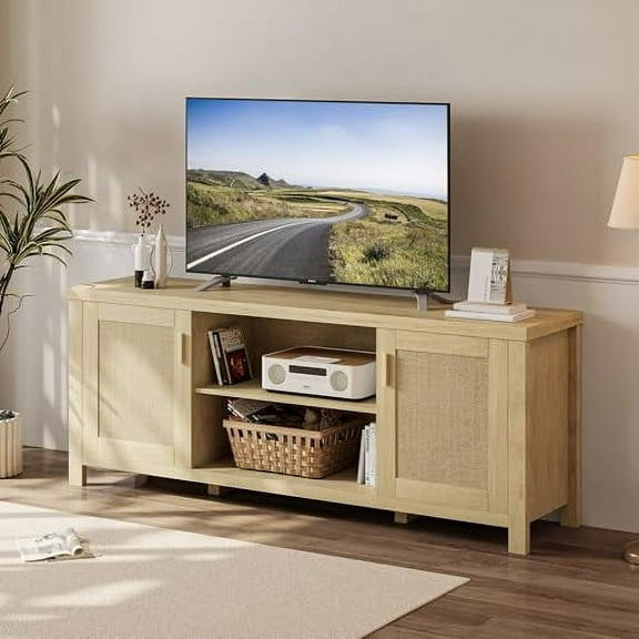 Rattan TV Stand for TVs up to 65'',Boho Entertainment Center with Adjustable Shelves, Mid Century Modern Media TV Console Cabinet with Rattan Doors for Living Roon Bedroom Natural