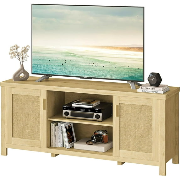 Rattan TV Stand for TVs up to 65'',Boho Entertainment Center with Adjustable Shelves, Mid Century Modern Media TV Console Cabinet with Rattan Doors for Living Roon Bedroom Natural LTV91Y