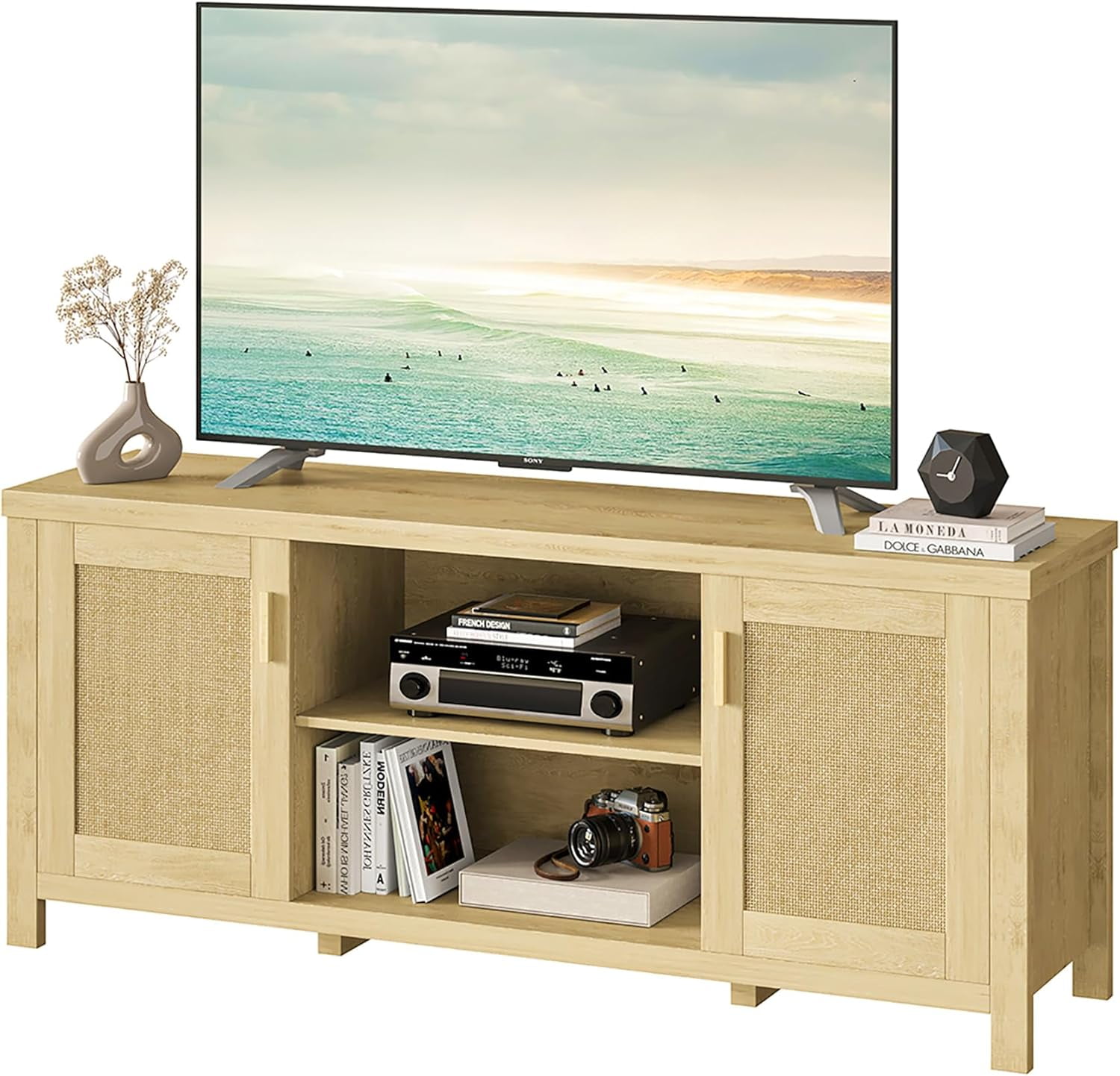 YAUKOMEL Rattan TV Console For TVs Up To 65" - Boho Mid-Century Modern Entertainment Center With Adjustable Shelves, Caramel Oak Finish (58.98"L)