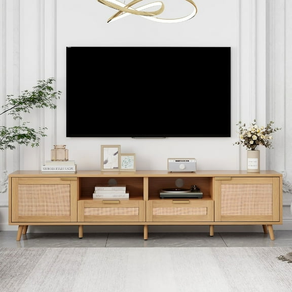 Rattan TV Stand for TVs up to 85'', Modern Farmhouse Media Console, Entertainment Center with Solid Wood Legs, TV Cabinet for Living Room,Home Theatre, Wood Color