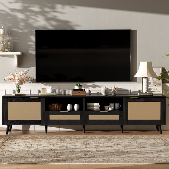 Rattan TV Stand for TVs up to 85, Modern Farmhouse Media Console with Solid Wood Legs, Large Entertainment Center for Living Room, Home Theatre, Black