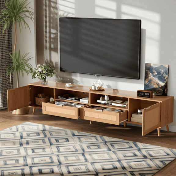 Rattan TV Stand for TVs up to 90'', Modern Farmhouse Media Console, Entertainment Center with Solid Wood Legs, Storage Cabinet for Living Room, Bedroom, Wood