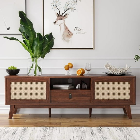 Rattan TV Stand for TVs, Wood TV Stand Mid Century Modern TV Stand TV Media Console with Drawer and 2 Cabinets, Boho Entertainment Center for Living Room