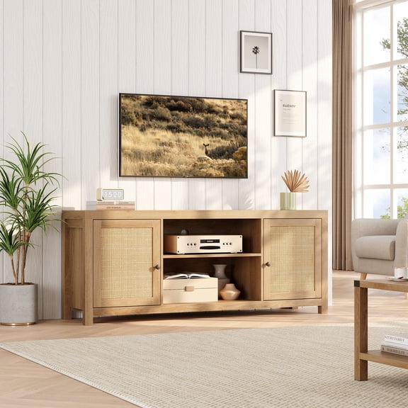 Rattan TV Stand for 65 Inch, Boho Entertainment Center with Storage and Doors, Wood TV & Media Console Under TV Cabinet Furniture for Living Room