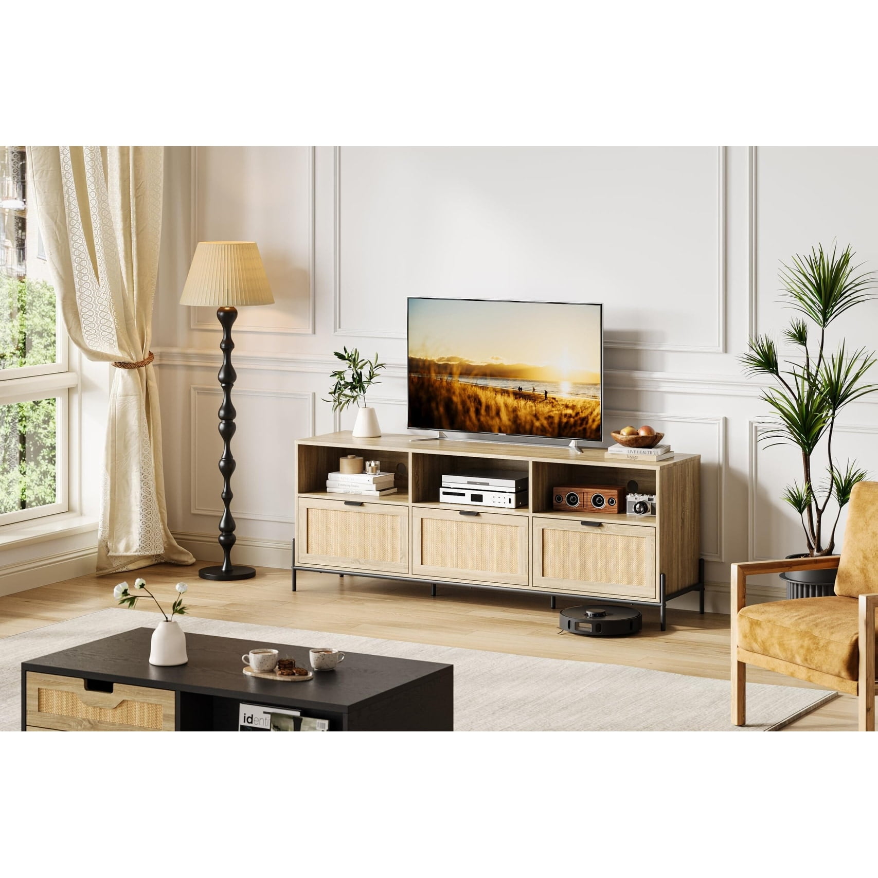Natural Brown Rattan TV Stand with Cabinet for 65 Inch TV