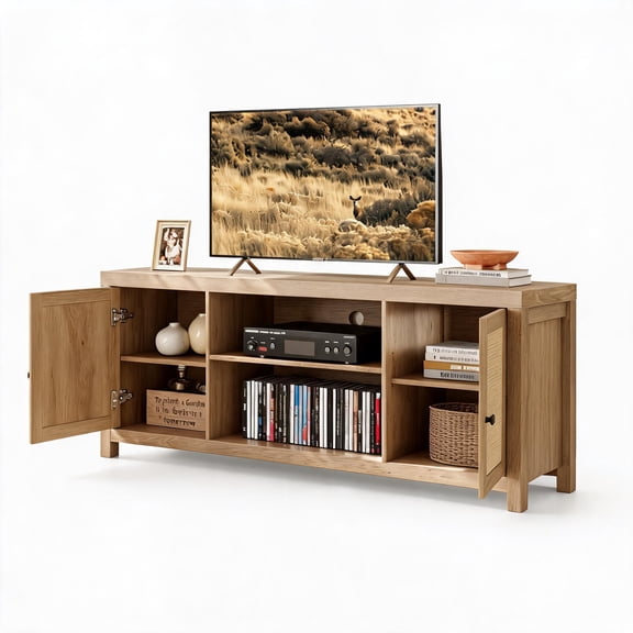 Rattan TV Stand for 75 Inch TV, Entertainment Center with Adjustable Shelves.