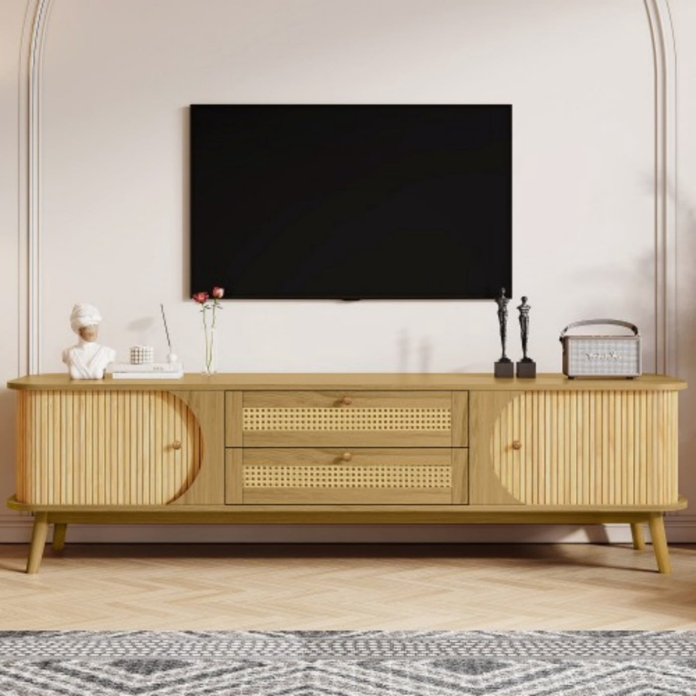 Rattan TV Stand for 75 Inch TV, Modern Farmhouse Media Console with Sliding Doors, Solid Wood Legs, Cable Management, Living Room, Natural