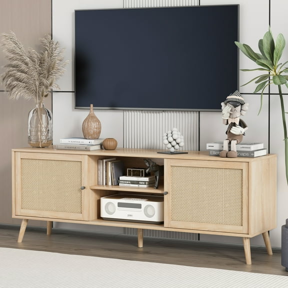 Rattan TV Stand for 75'' TV, Entertainment Center with Storage , Wood TV Stand Cabinet with Doors