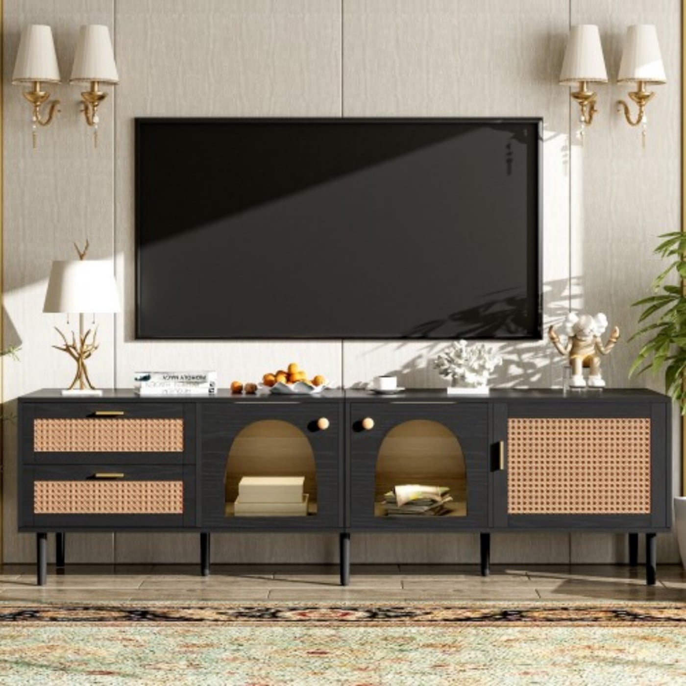 Rattan TV Stand for 80" TV, LED Entertainment Center with 3 Cabinets 2 Drawers, Modern Media Console with Cable Management, Black