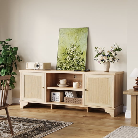 Rattan TV Stand for Living Room, Boho Entertainment Center for 55, 65, 70 Inch TV, TV Console Cabinet with Storage and Shelf