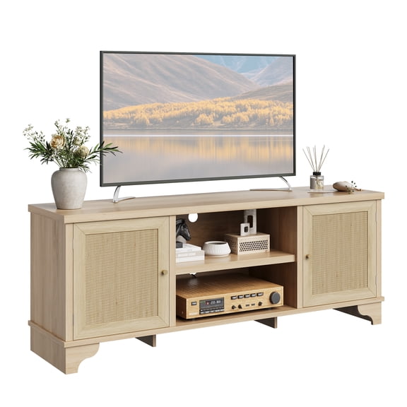 Rattan TV Stand for TVs up to 65 inch, Entertainment Center Table with Storage Cabinets, Boho TV Console for Living Room, Bedroom