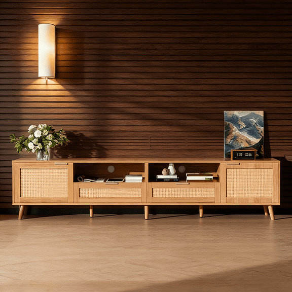 Rattan TV Stand for TVs up to 90'' - Modern Farmhouse Media Console with Solid Wood Legs, Entertainment Center for Living Room, Bedroom