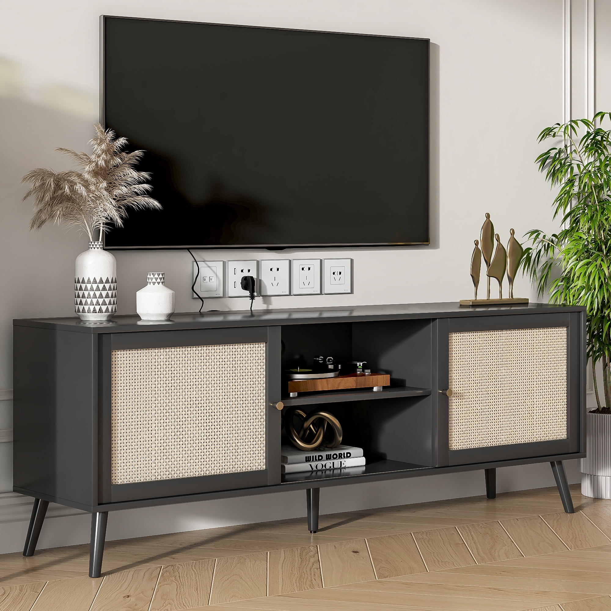 Rattan TV Stand for a 75 inch TV, Wood TV Console with Sliding Doors, Entertainment Center for Living Room