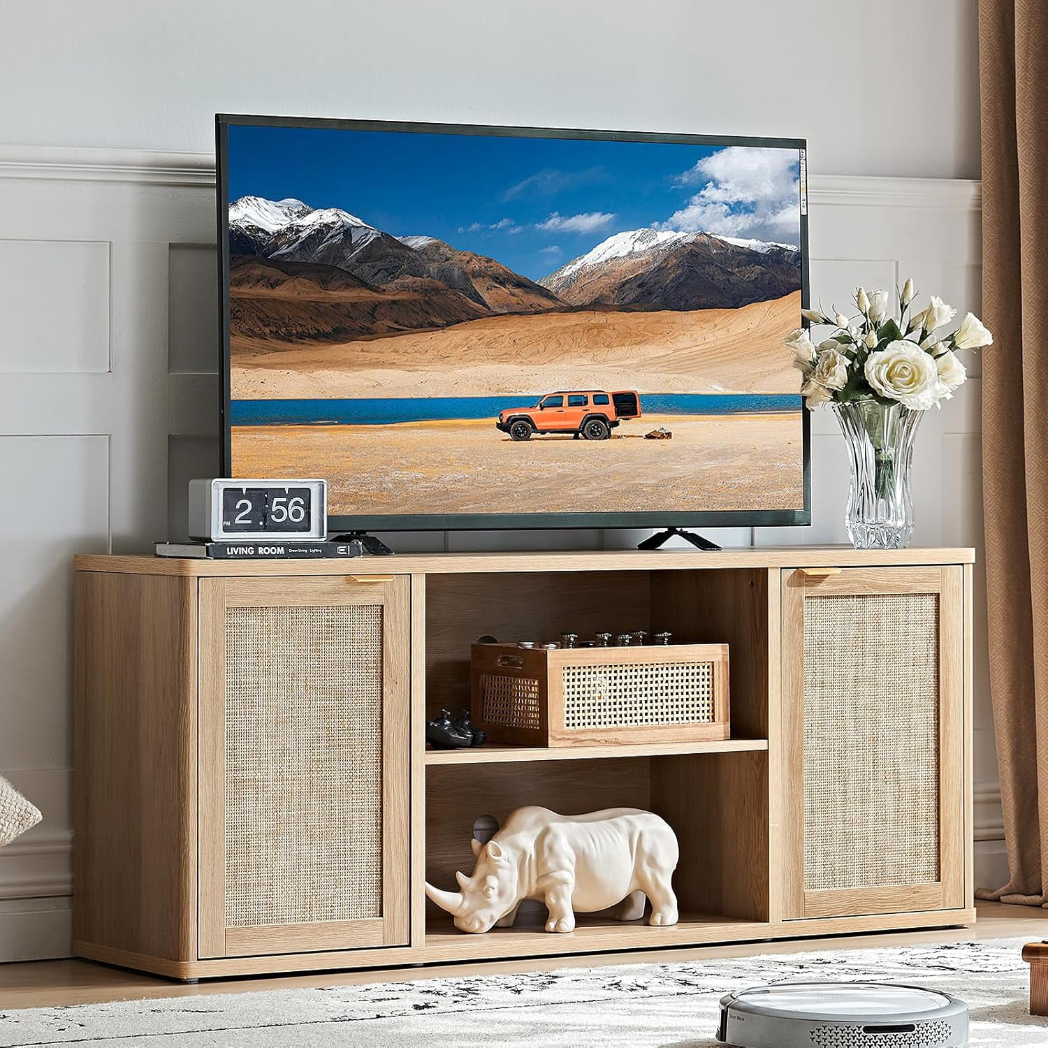 Rattan TV Stands for Living Room, Boho TV Cabinet with Storage and Open ...