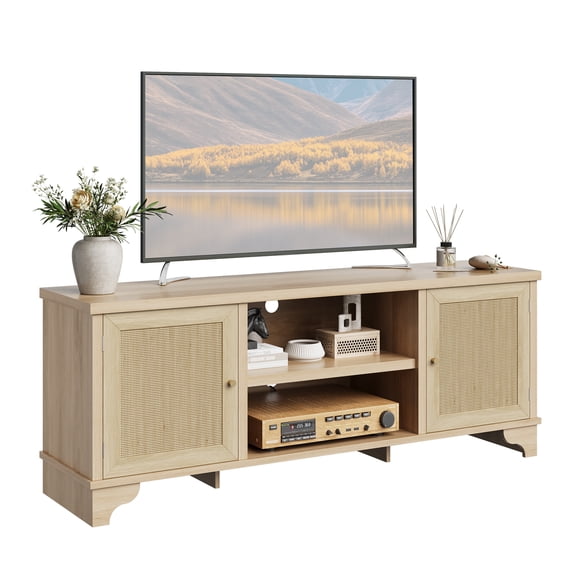 Rattan TV Stands for Living Room, Mid Century Modern Entertainment Center with 2 Cabinets and 2 Open Shelves, Wooden TV Console Table