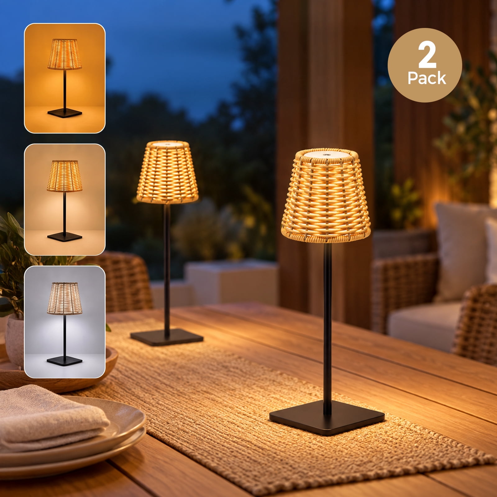 Table Rump Light Rattan Table Lamp, LED Rechargeable, 2-Pack - Black & Brown - Walmart.com