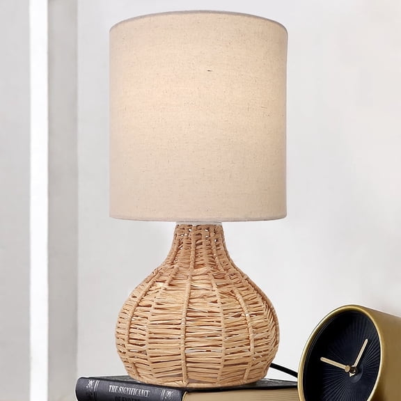 Rattan Table Lamp, Small Nightstand Lamp with Linen Fabric Lampshade, Desk Lamp Bedside Lamp for Living Room Home Office , Spinning, Jute