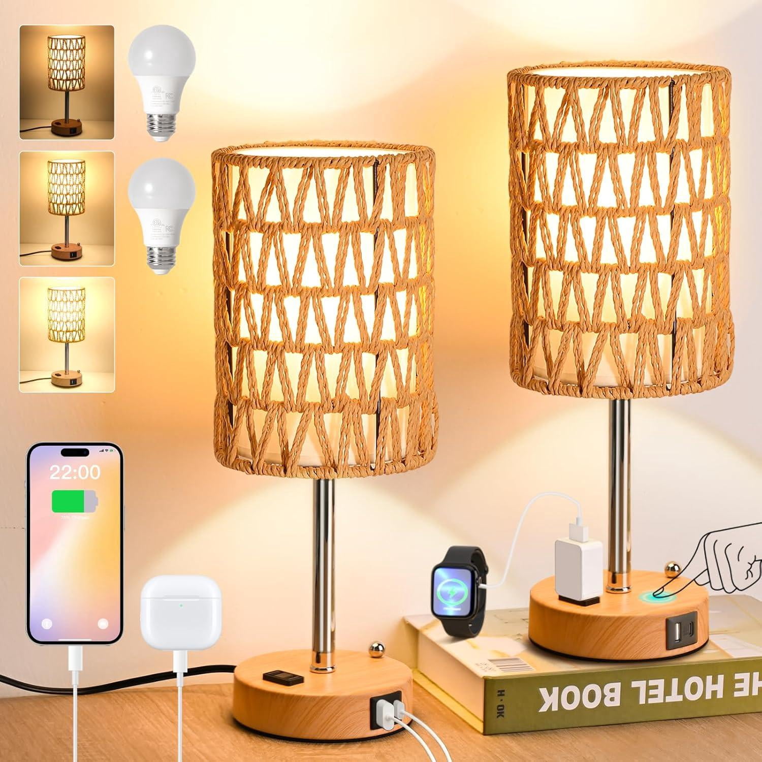Small Ratten Bedside Lamp Rattan Table Lamps for Living Room, 3 Way Dimmable Touch Lamps, Small ...
