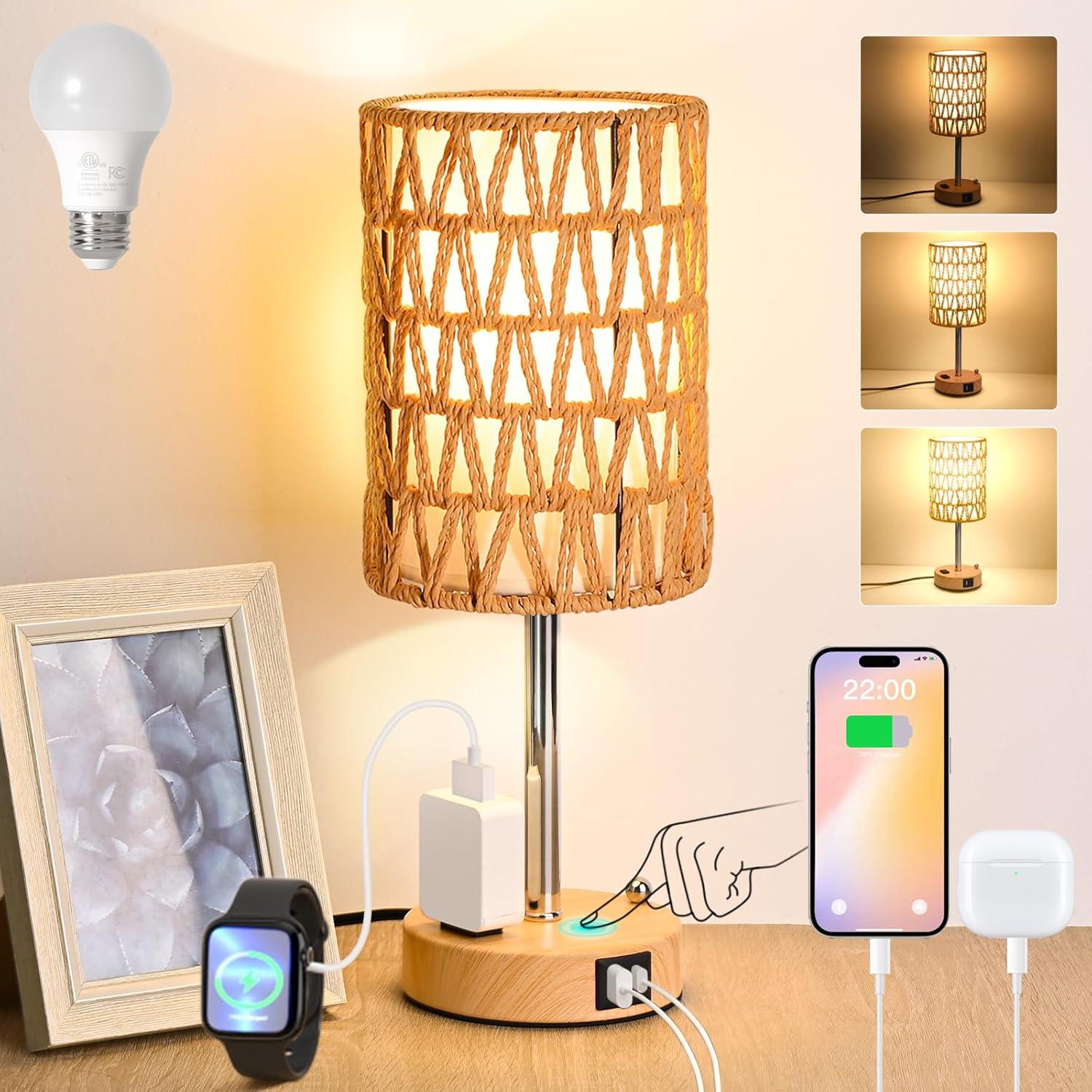 Small Ratten Bedside Lamp Rattan Table Lamps for Living Room, 3 Way Dimmable Touch Lamps, Small ...
