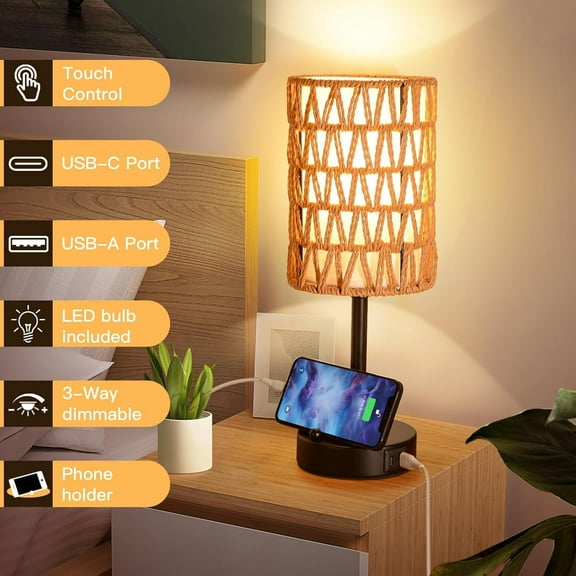 Rattan Table Lamps for Living Room, 3 Way Dimmable Touch Lamps with LED Bulbs, Phone Stand, USB Ports and AC Outlet