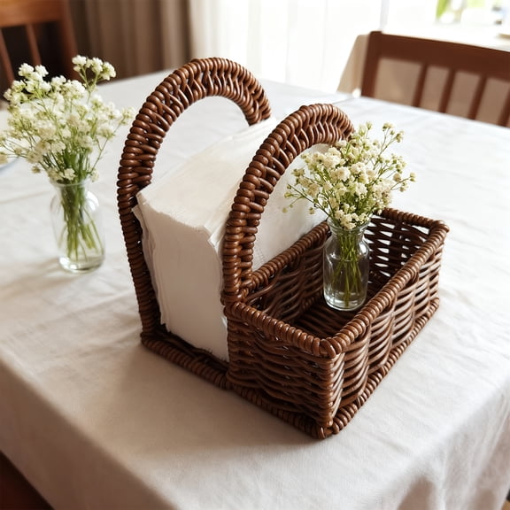 Rattan Table Napkin Stand, Farmhouse Kitchen Serving Caddy, Condiment Organizer Basket, Dining Table Caddy, 6X6X3 Inch Safe Woven Design for Desktop Napkin and Condiment Storage