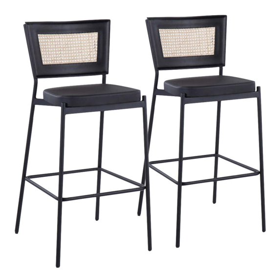 Rattan Tania Contemporary Bar Stool In Black Metal, Black Faux Leather, And Rattan Back - Set Of 2