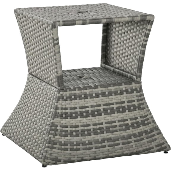 Rattan Tea Bistro Side Table with Umbrella Hole, 2-Tier Storage Shelf, for Patio & Backyard, Mixed Gray