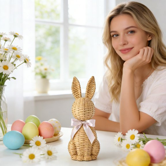 Rattan Texture Resin Easter Bunny Statue, Wicker Look Rabbit Decor with Bow, Spring Ornament for Table, Patio & Garden, Indoor Outdoor Cute Holiday Figurine for Home & Yard, Easter Decor, 8in, C