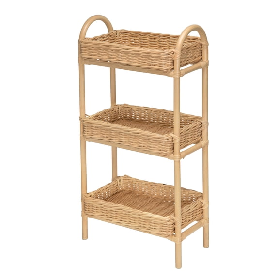 Rattan Three Tier Storage Basket Stand and Shelving Unit, Natural