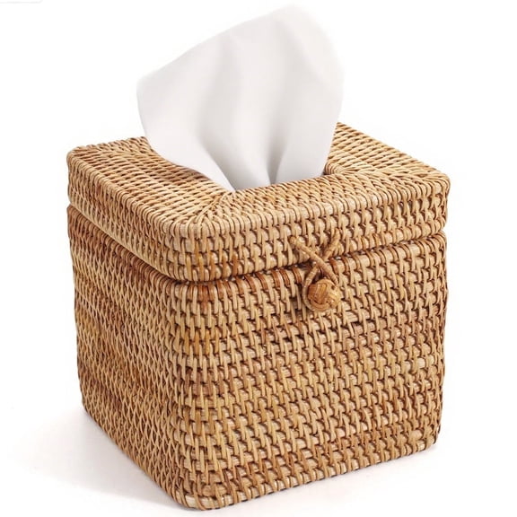 Rattan Tissue Box Cover 5.9" x 5.9" x 5.9" Square Woven Tissue Holder with Hinged Top Lid for Home, Office, Bathrooms Decoration